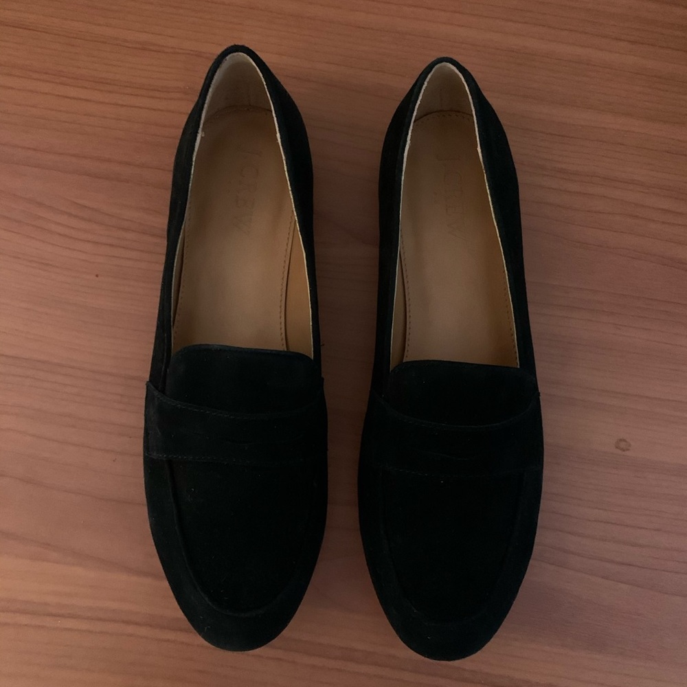 JCrew Women’s Black suede loafers size 7.